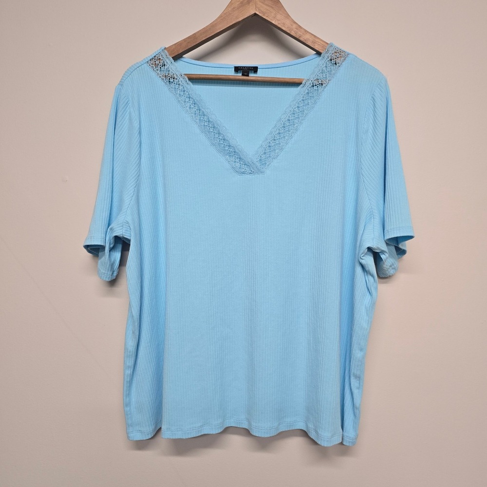 Talbots Plus Top Womens 3X Blue Cotton Modal Lace Trim V-Neck Ribbed Casual Tee